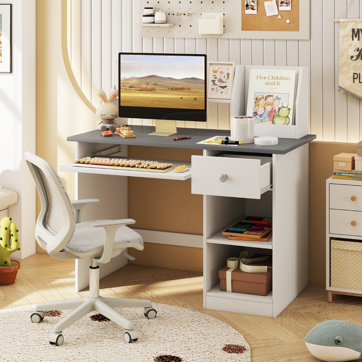 Kinderschreibtisch aus Holz mit Ablage & Bücherregal & Tastaturablage & Schublade Grau