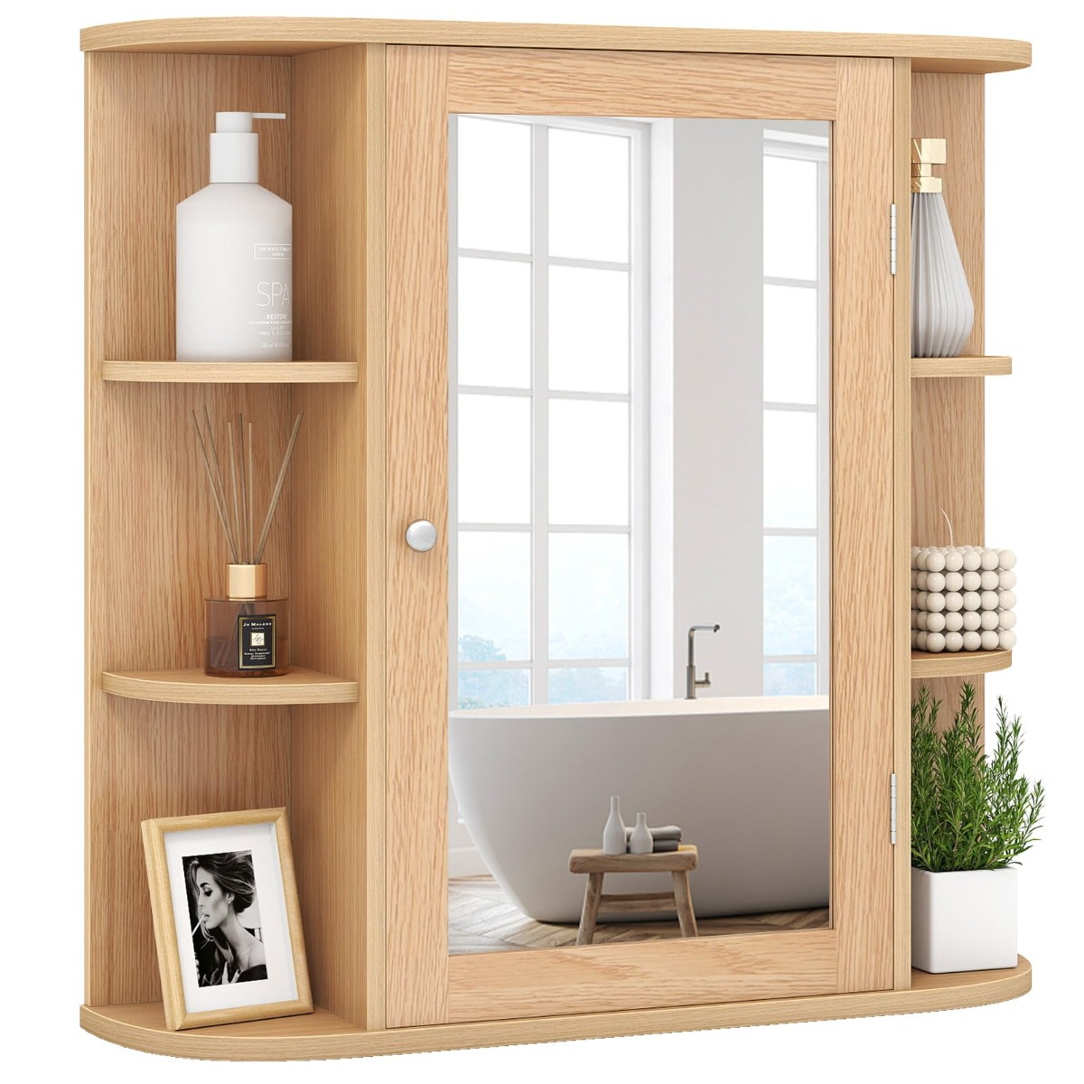 Spiegelschrank Bad 4 Fächer & 6 Offene Ablagen Badezimmerschrank mit Spiegel 66 x 17 x 63 cm Natur