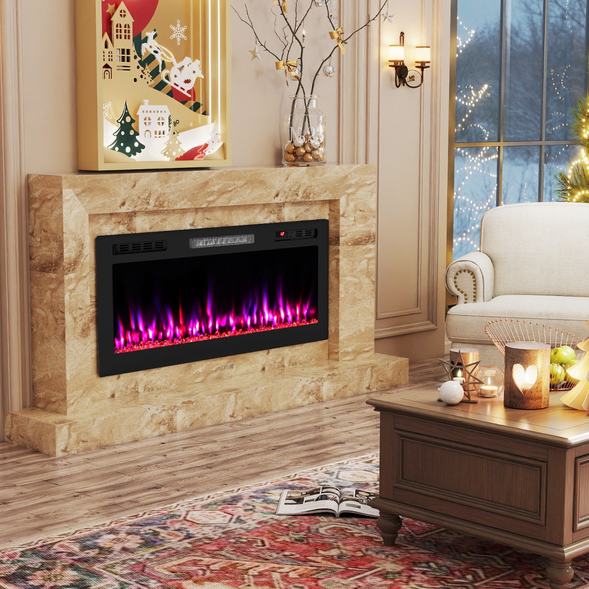 42'' Elektrischer Kamin 750W/1500W Einbaukamin mit APP WLAN-fähig & Fernbedienung Wandkamin