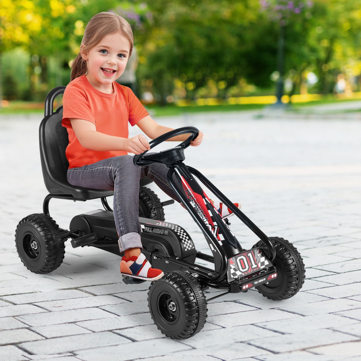 Gokart mit Verstellbarem Sitz & Handbremse Tretauto bis 30kg Belastbar Pedal Go Cart Schwarz