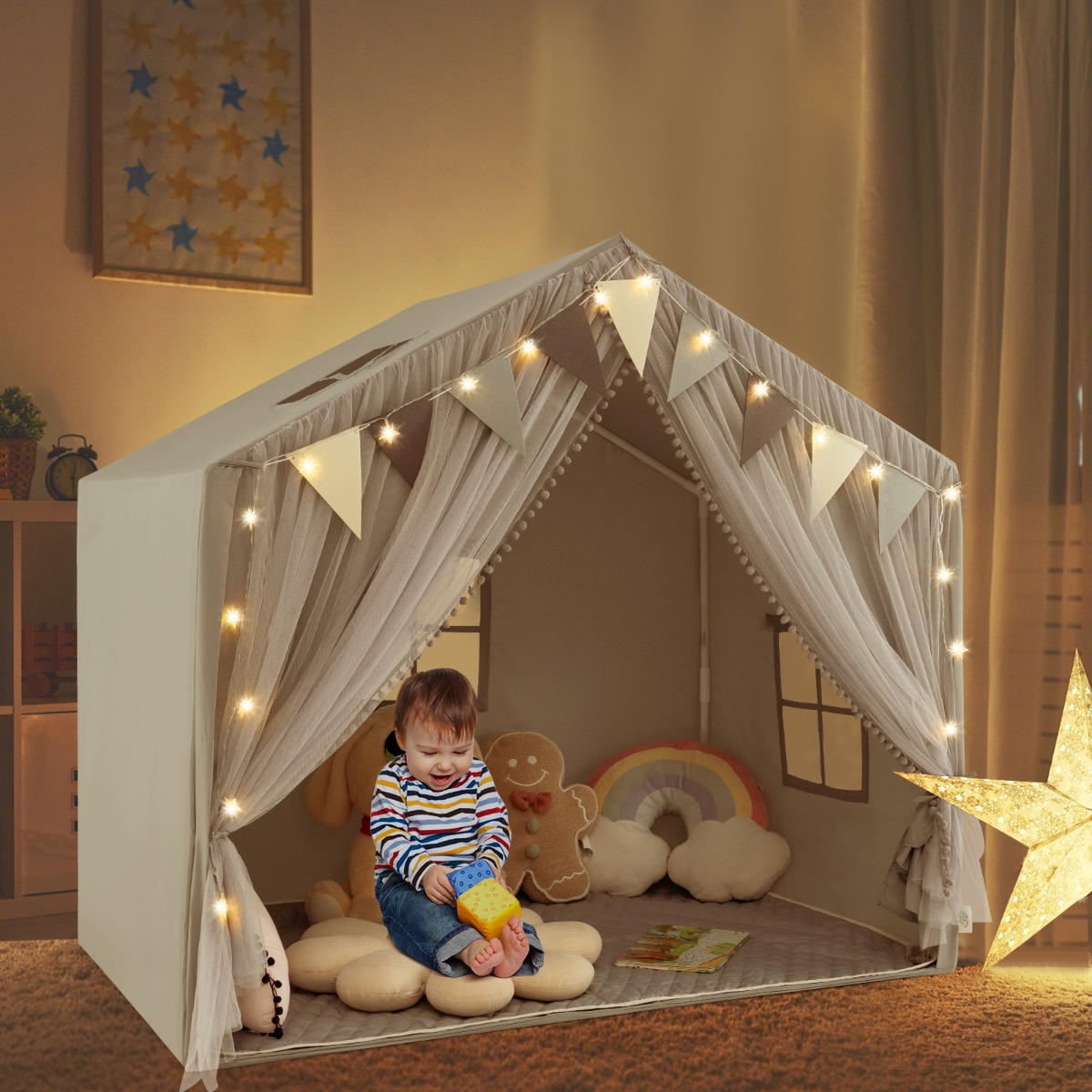 Spielzelt mit 2 Vorhängen & Sternenlichtern & Karierten Wimpel Großes Spielhaus Grau