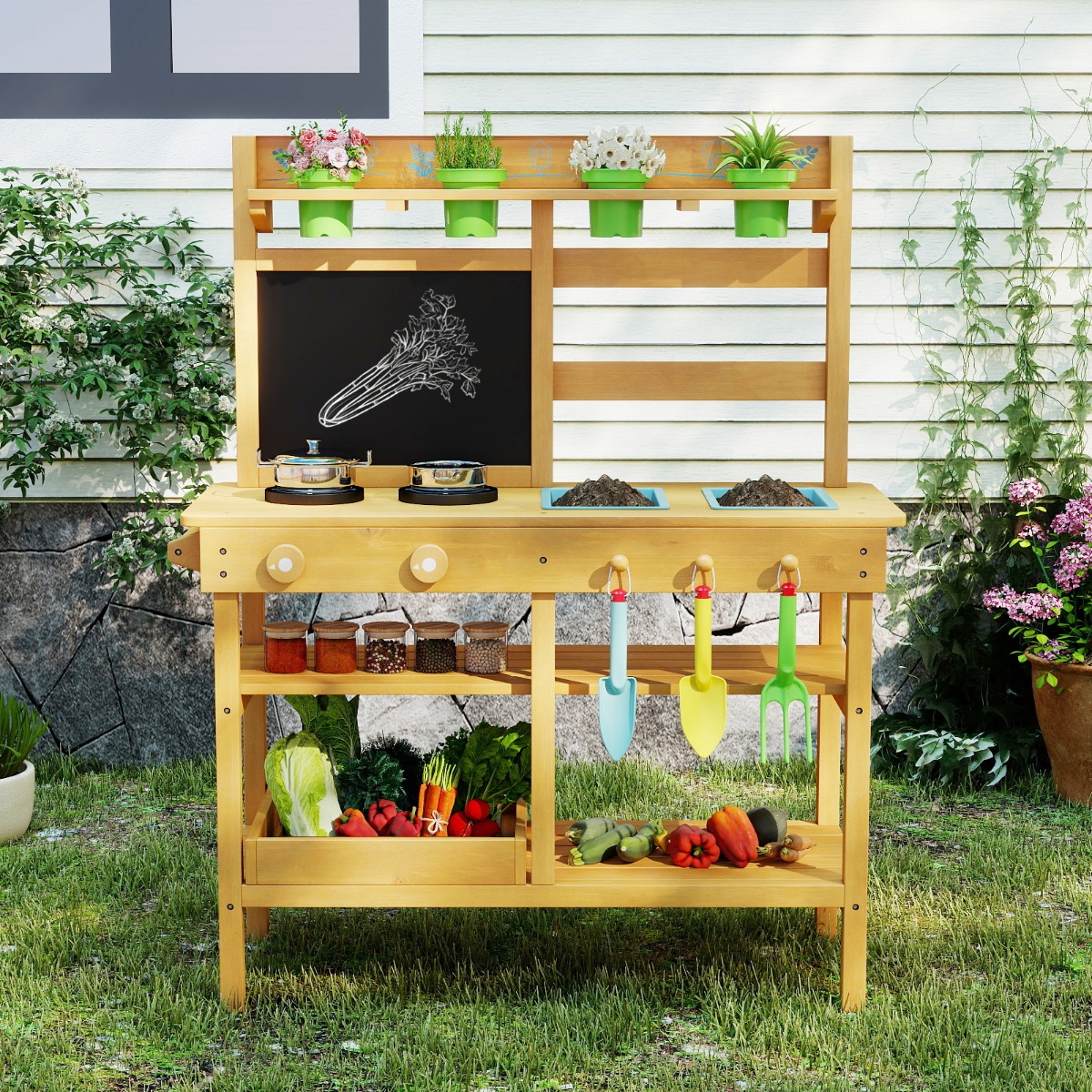 Kinder-Matschküche mit Tafel & Wasserhahn & Spülen & Blumentöpfen Holz Kinderküche