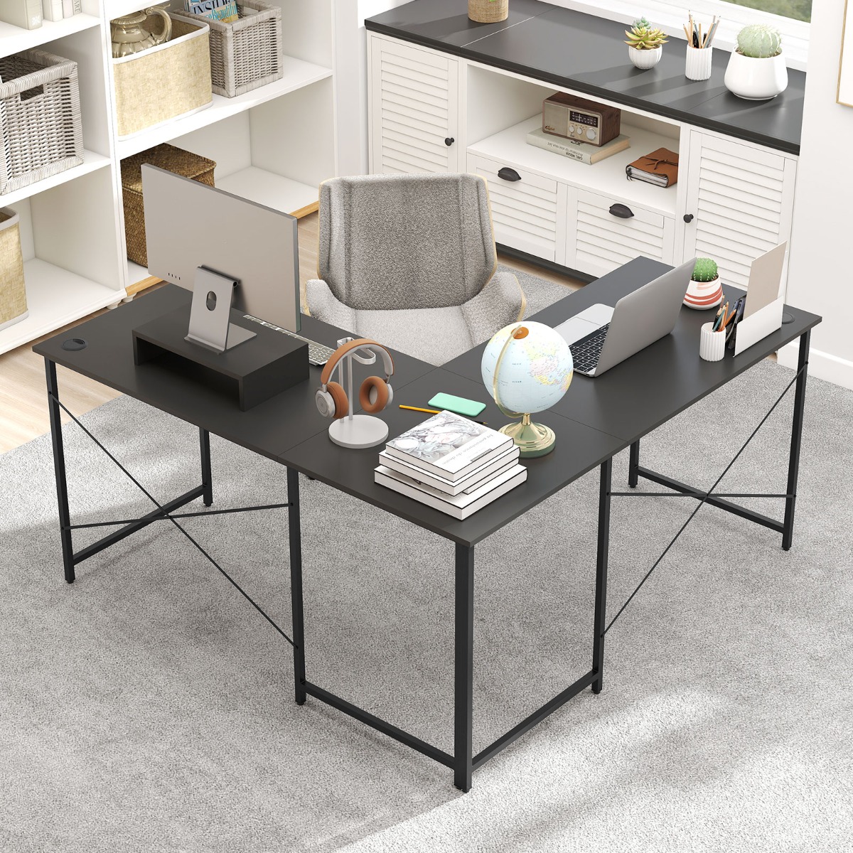 Schreibtisch L-Form reversibler Eckschreibtisch mit Ladestation Computertisch Bürotisch Grau