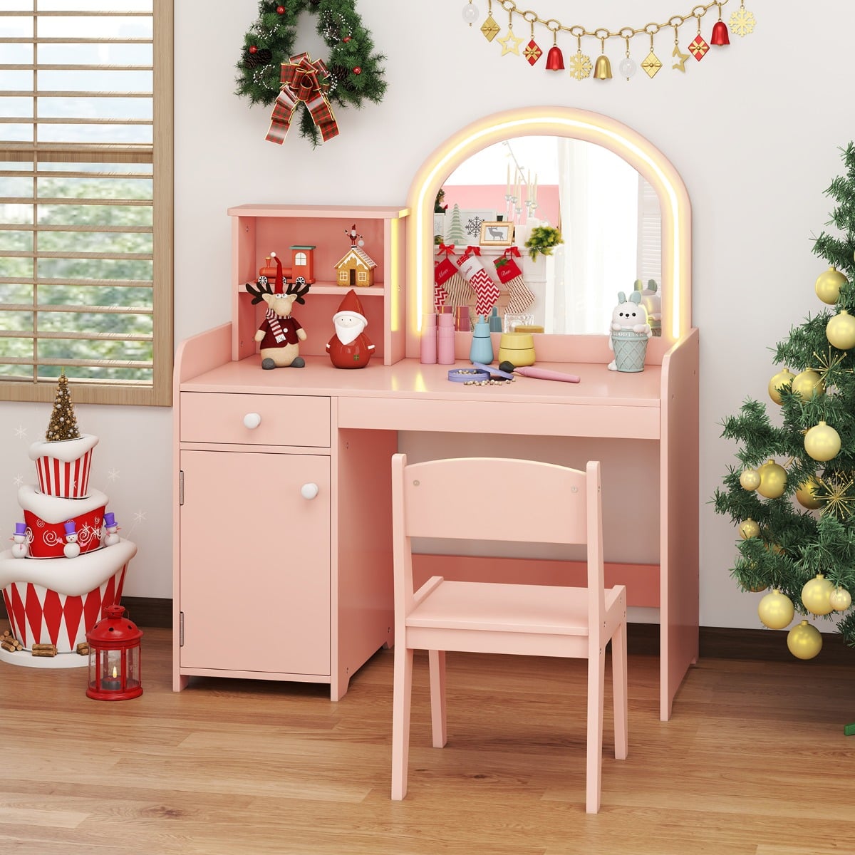 2 in 1 Kinder Schminktisch Set mit Hocker & LED-Lechten & Spiegel & Schublade Kosmetiktisch Hellrosa