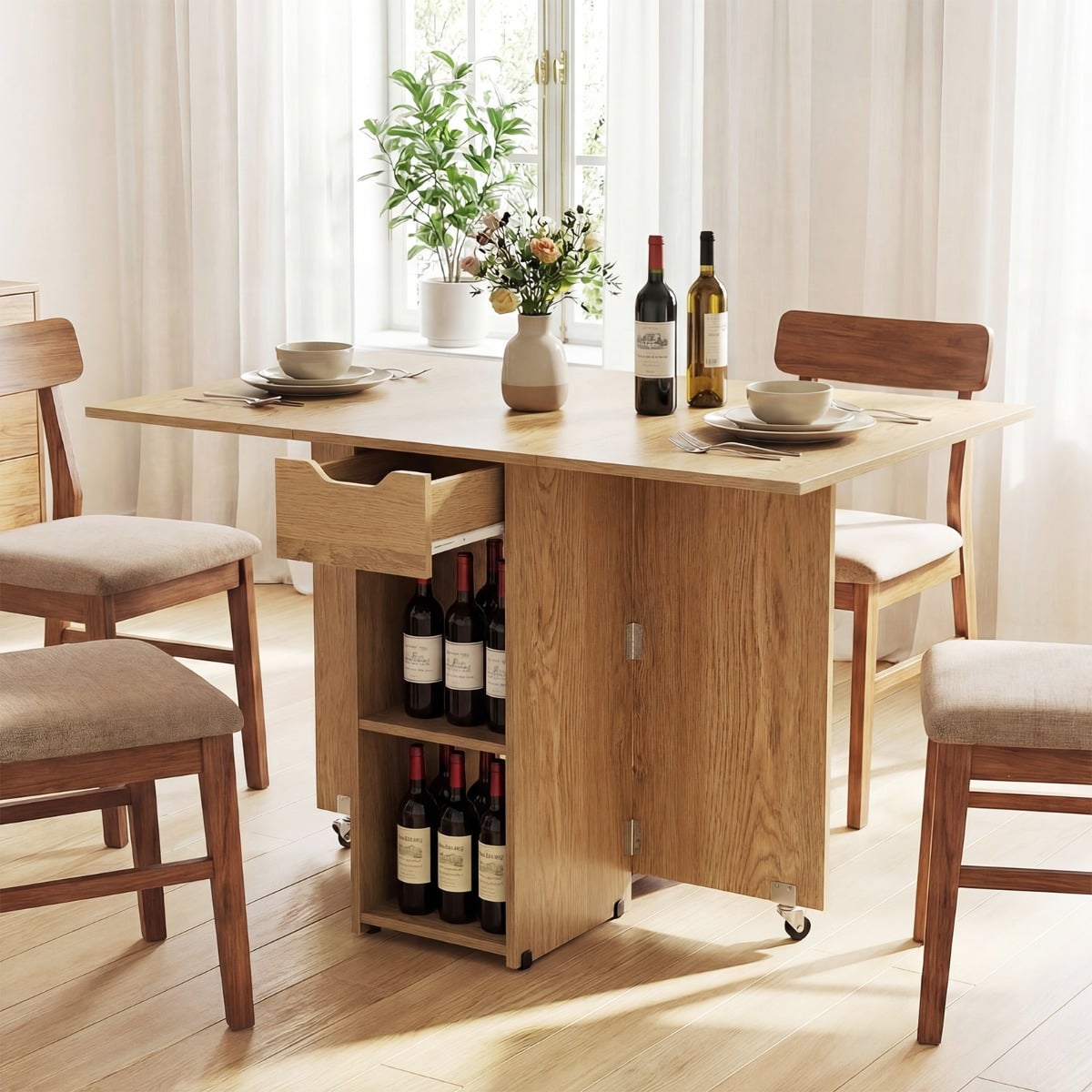 Klappbarer Esstisch mit 2 Rädern & 2-stufiger Ablagefläche & Schublade Klapptisch Natur