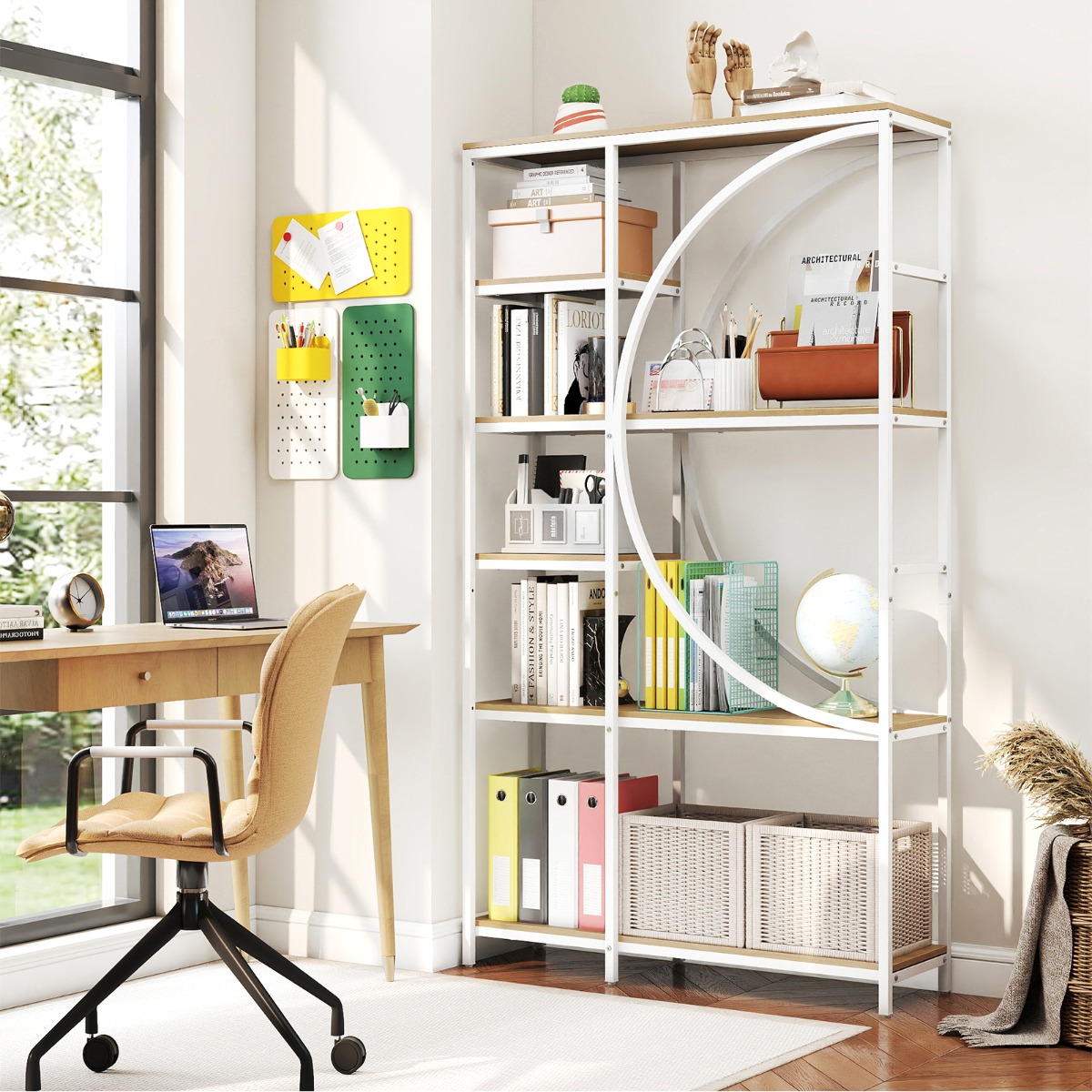 2er Set Geometrisches Bücherregal mit offenen Holzregale & Metallrahmen Büroregal Weiß