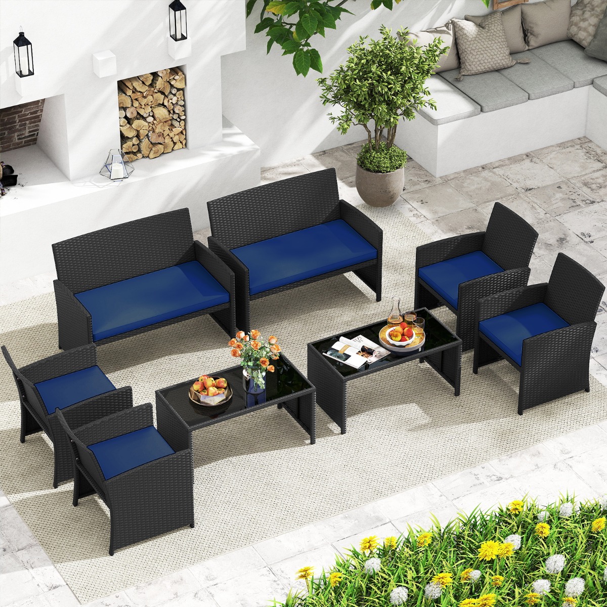 Rattan Gartenmöbel Set mit 2 Stühlen & Bank & Tisch & Kissen Outdoor Lounge Möbel Gartengarnitur Blau