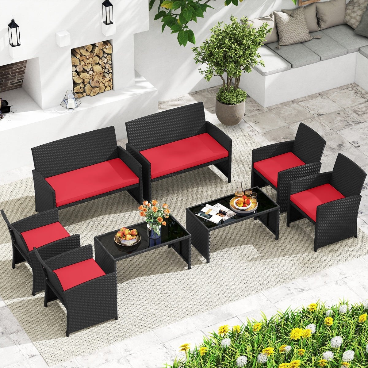 Rattan Gartenmöbel Set mit 2 Stühlen & Bank & Tisch & Kissen Outdoor Lounge Möbel Gartengarnitur Rot