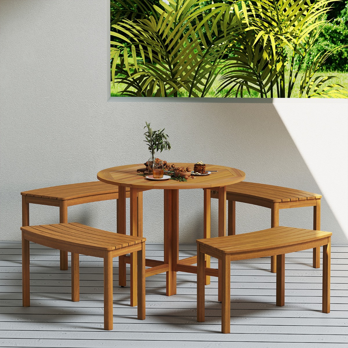 Gartentisch + 4er Gartenbank Set Ø 90 cm Klapptisch Sitzbank ohne Rückenlehne Holzbank Natur