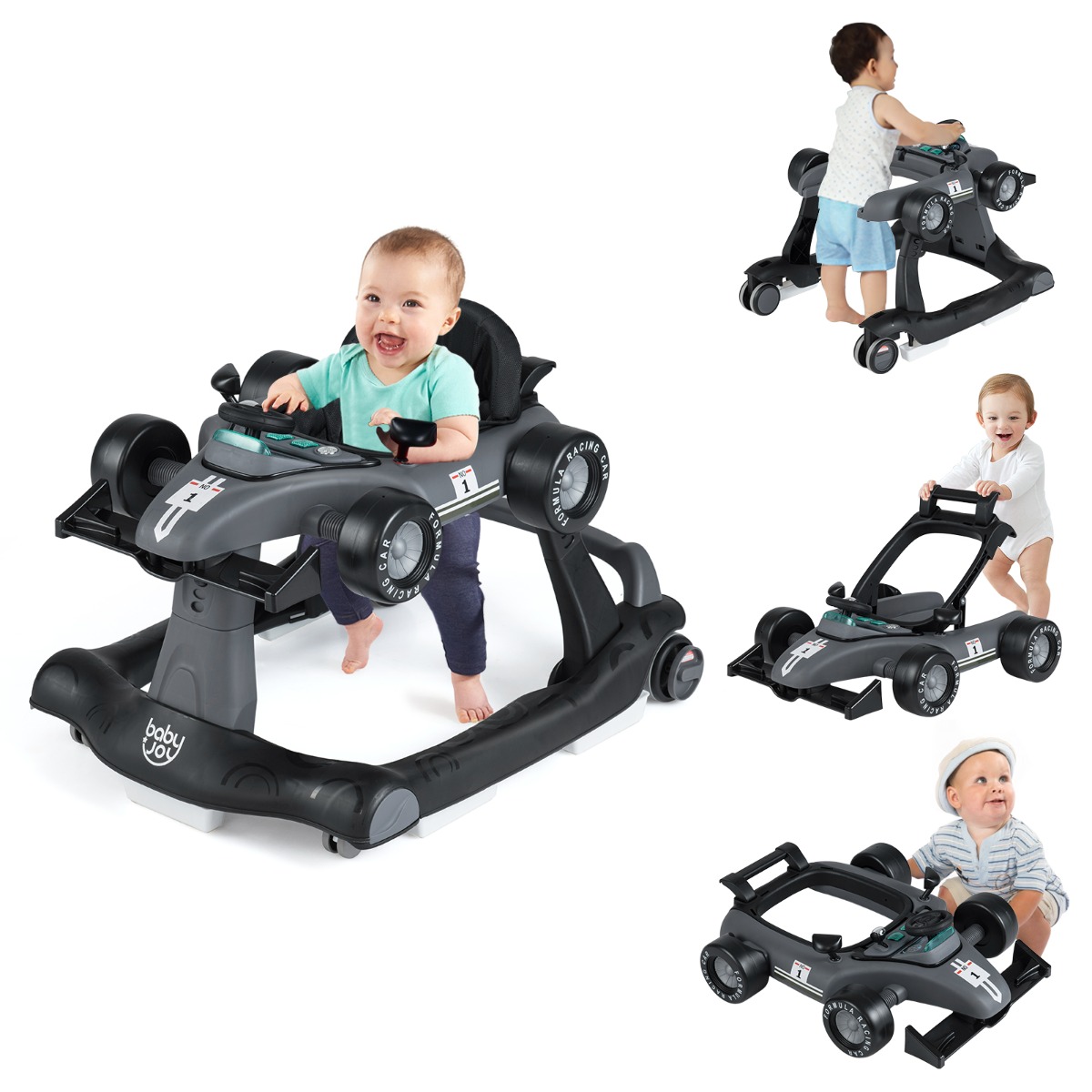 4 in 1 Lauflernhilfe Lauflernwagen Klappbar mit Einstellbarer Höhe 15kg Belastbar Dunkelgrau