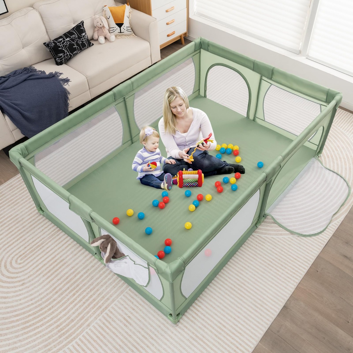 Laufgitter Baby Laufstall mit 50 Bällen & 2 Türen & Atmungsaktivem Netz Laufgitterzelt 205 x 147 cm Grün
