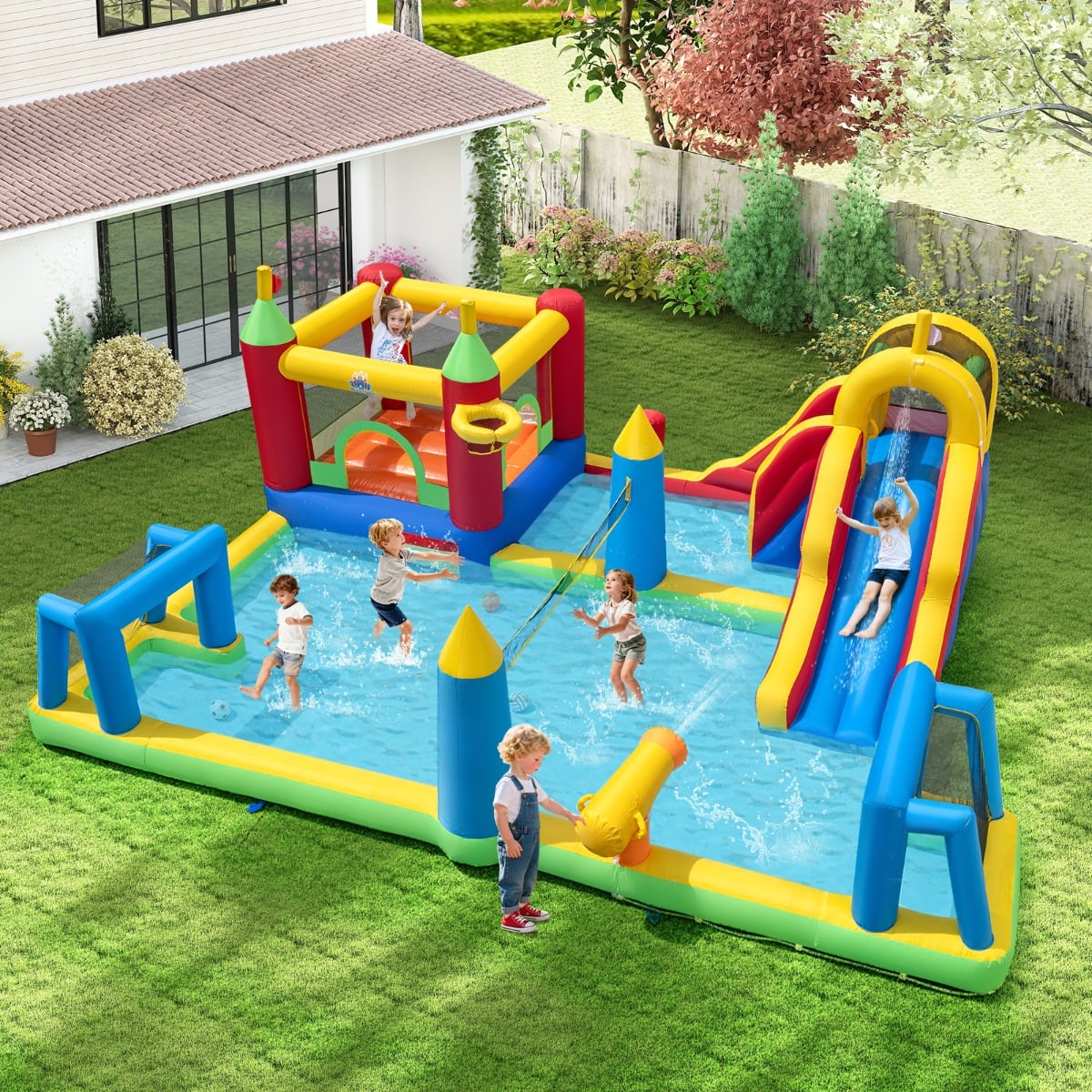 Hüpfburg + 680W Gebläse Set Wasserhüpfburg mit Wasserrutsche & Kletterwand & Planschbecken