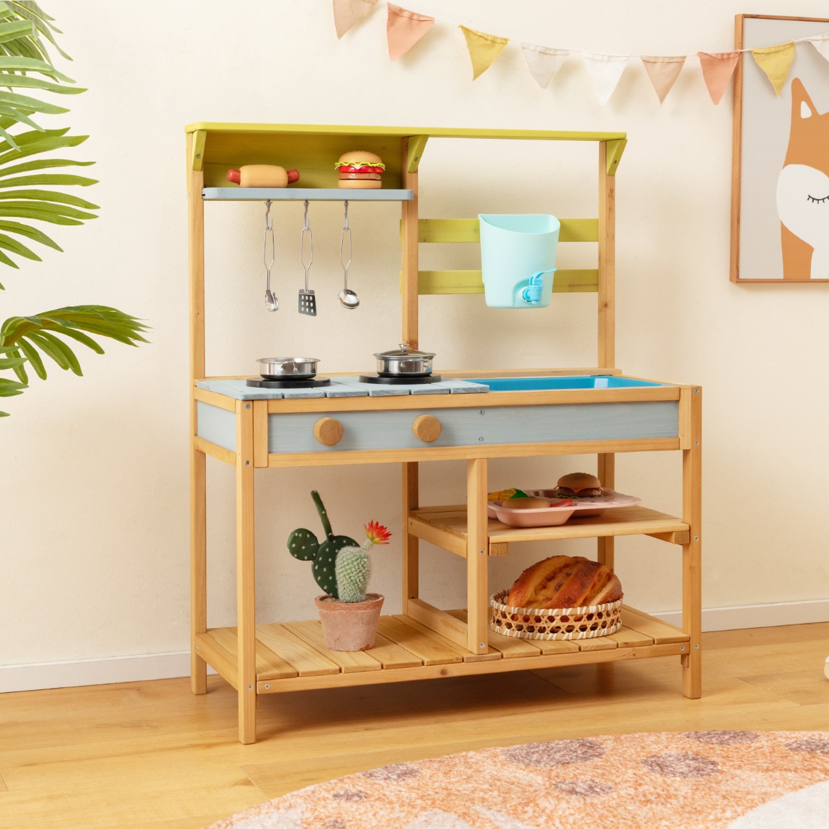 Kinder Matschküche mit Wasserfunktion & Haken & Abnehmbarem Regal Holz Kinderküche