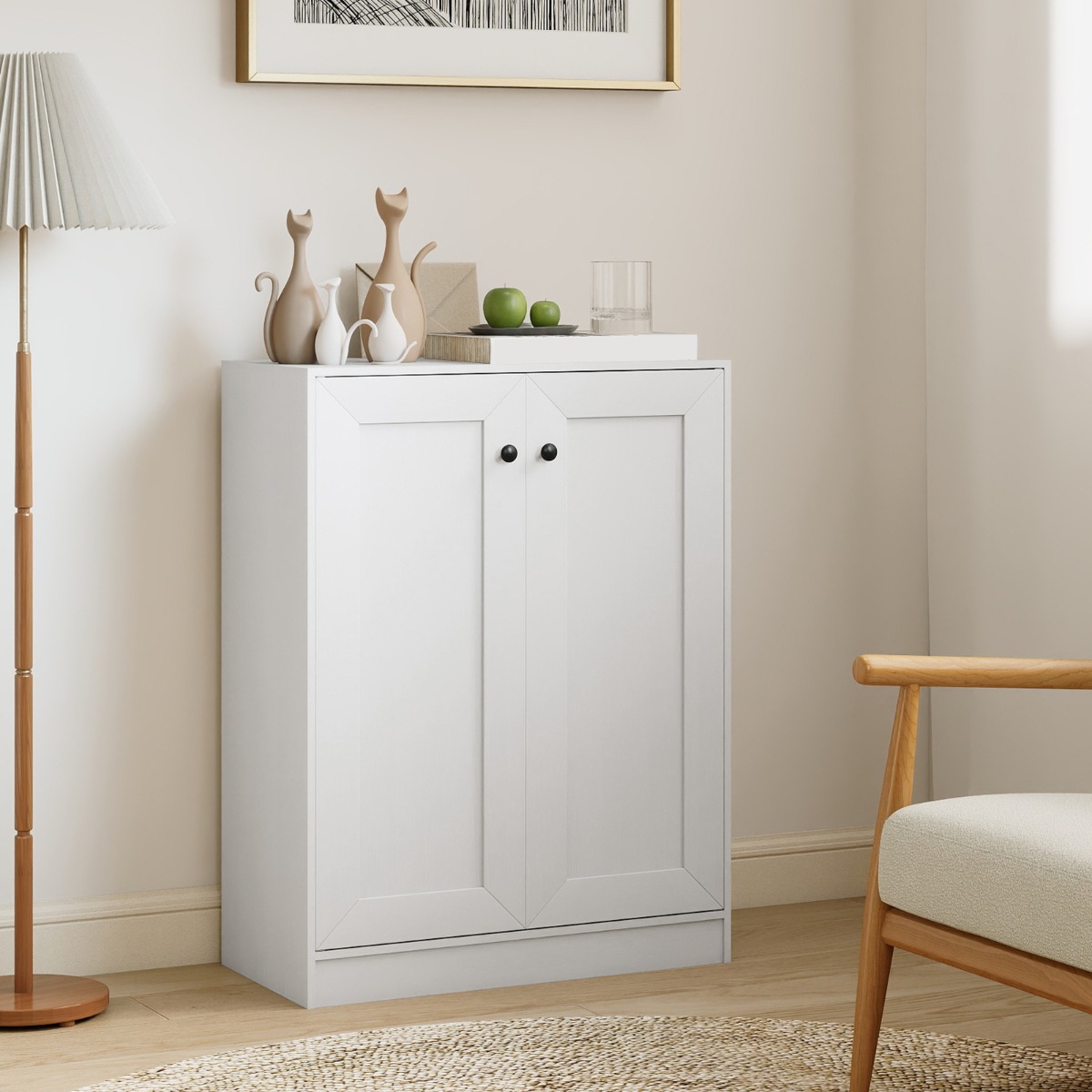 Holz Sideboard mit Türen & Verstellbaren Regalen Buffetschrank Bodenablageschrank Weiß