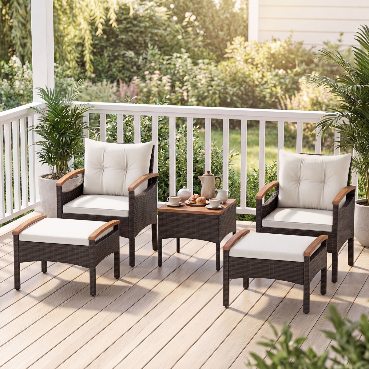 Rattan Gartenmöbel Set inkl. 2 Stühle mit Hocker & Tisch & Kissen Akazienholz Balkonset Creme