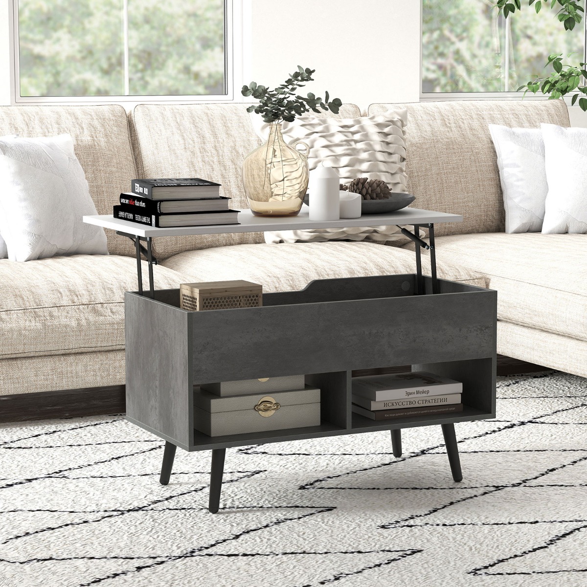 Höhenverstellbarer Couchtisch mit Anhebbarer Tischplatte & 2 Offenen Regalen Sofatisch Grau