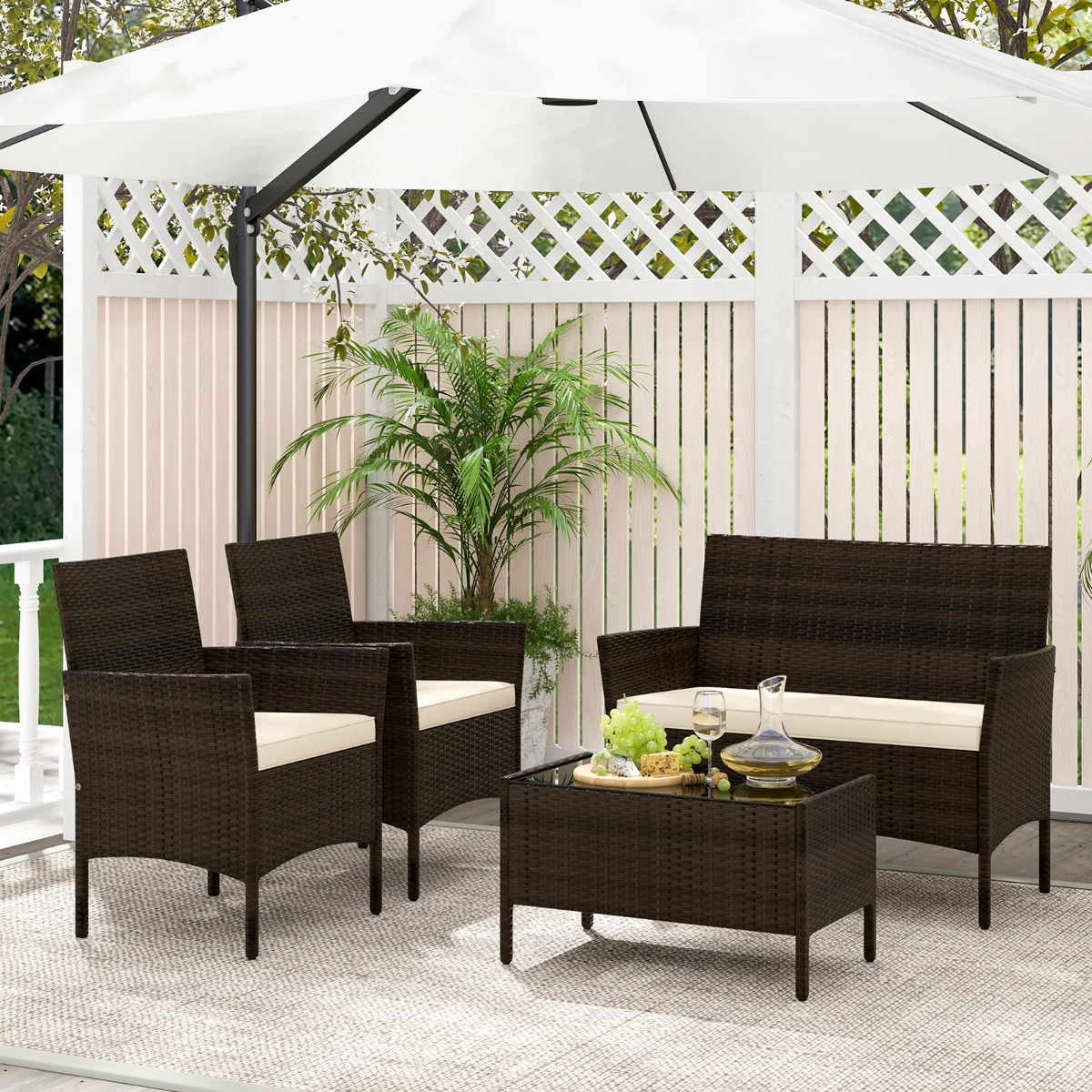 Rattan Gartenmöbel Set Sitzgruppe mit 2 Sessel & Bank & Tisch & Sitzkissen Sitzgarnitur Braun