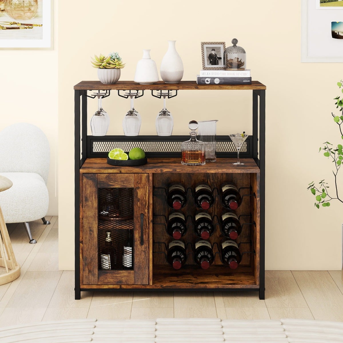 Barschrank freistehender Weinschrank mit herausnehmbarem Weinregal & Glashalter Weinbarschrank Rustikales Braun