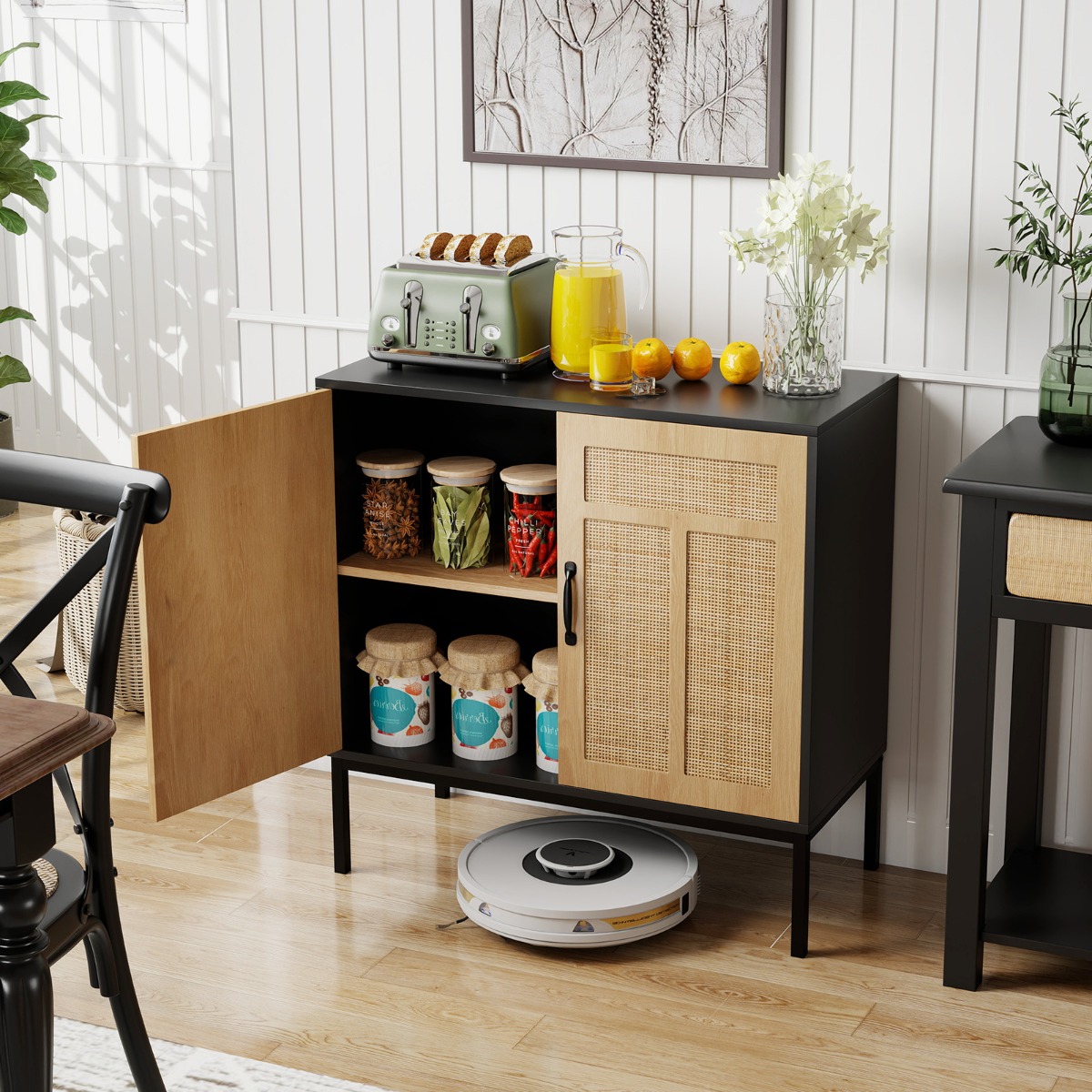 Rattan Sideboard mit 3-Fach Verstellbarem Regal & 2 Türen Boho Buffet Akzentschrank Schwarz