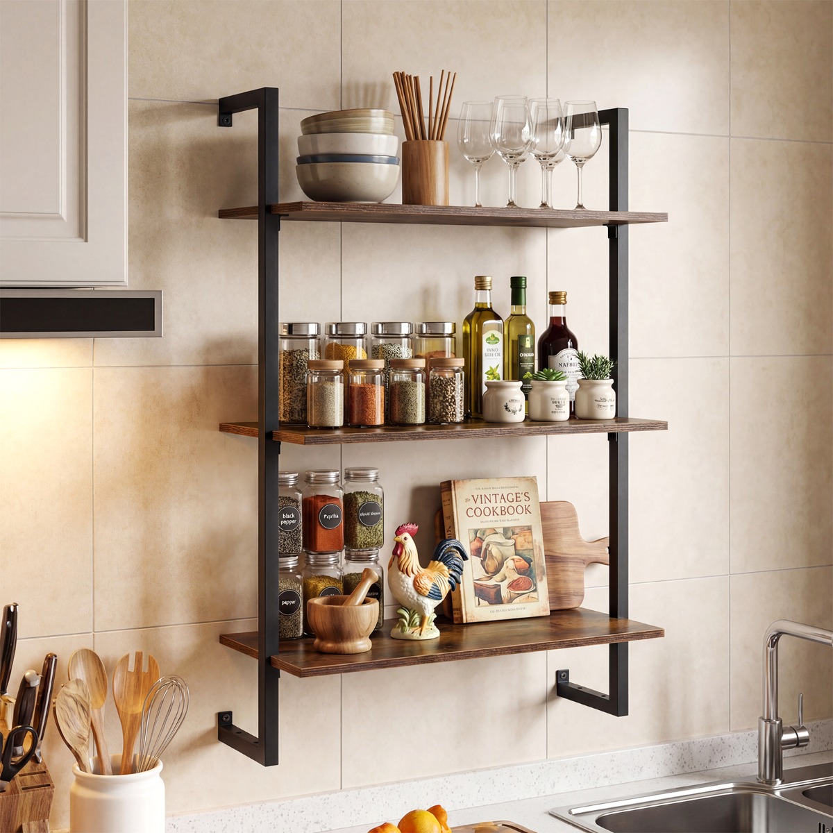 3 Stufiges Wandregal mit Metallrahmen Schwebendes Küchenregal Lagerregal Braun