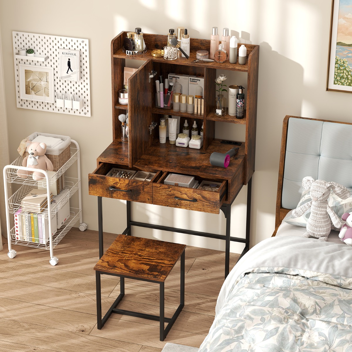 Schminktisch-Set mit Spiegel Schminktisch mit Ladestation Schubladen offenen Regalen Rustikal Braun