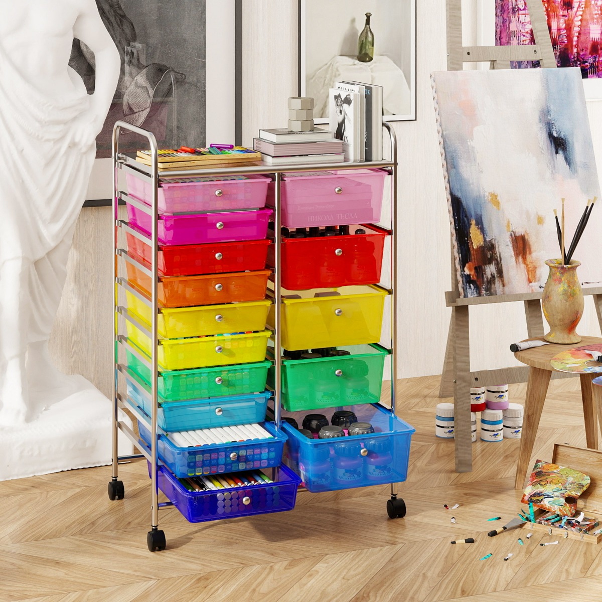 Rollwagen mit 10 Schubladen Trolley mit verchromtem Metallrahmen und abschließbaren Universalrollen Organizer Bunt 38 x 32 x 97 cm