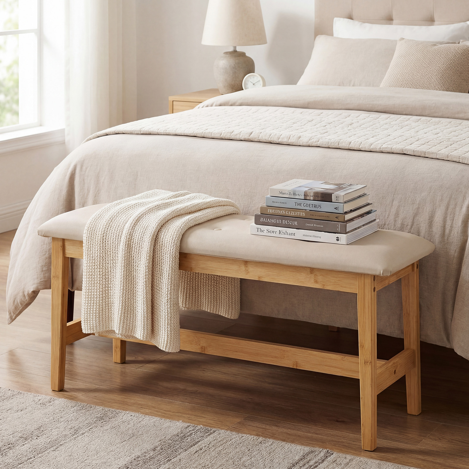 100 Cm Gepolsterte Bambus Bank Kunstleder Schuhbank Bettbank Für Schlafzimmer Esszimmer Flur Beige