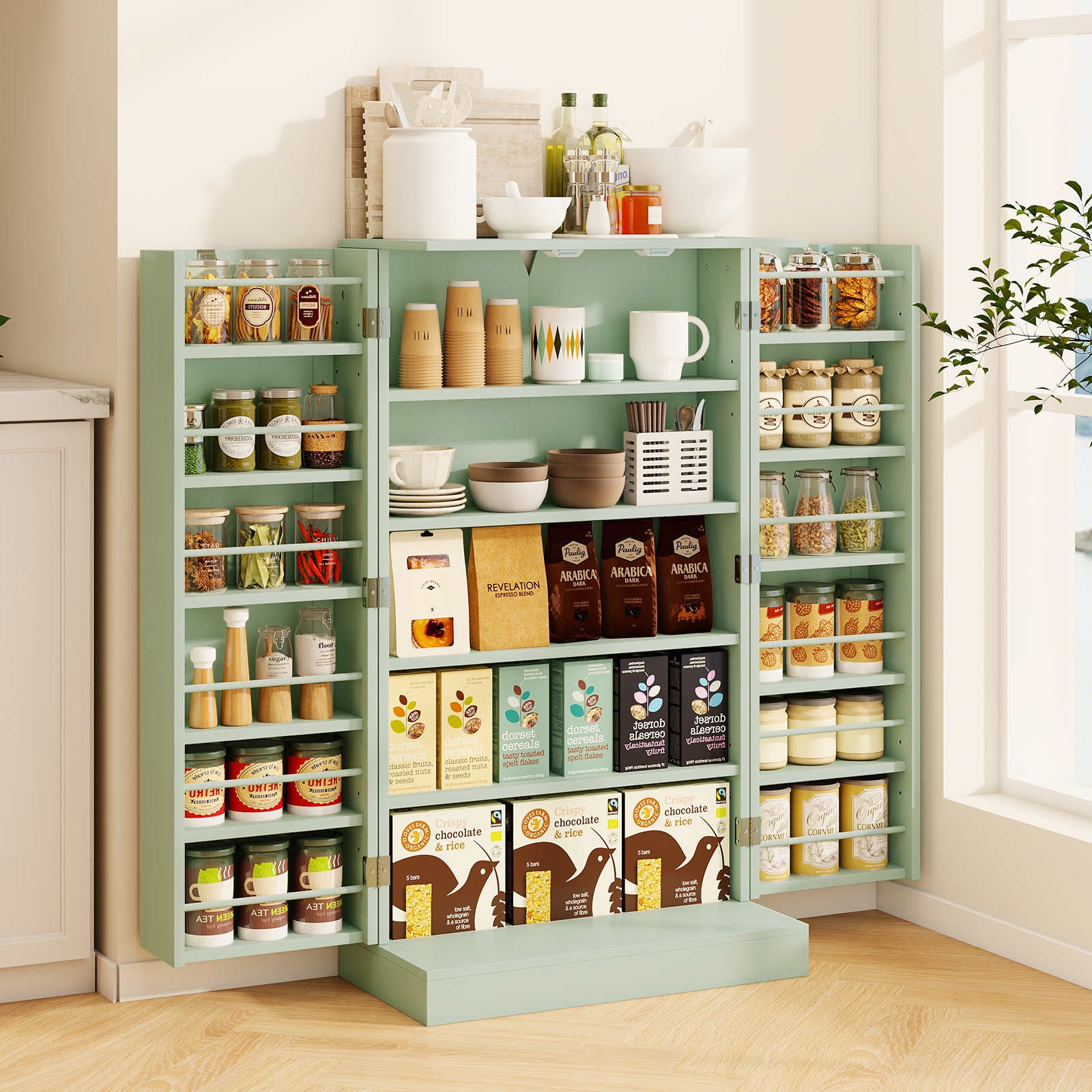 104 cm hohes Vorratsschrank Küchenschrank mit Türen & verstellbaren Regalen freistehendes Buffet-Sideboard Grün