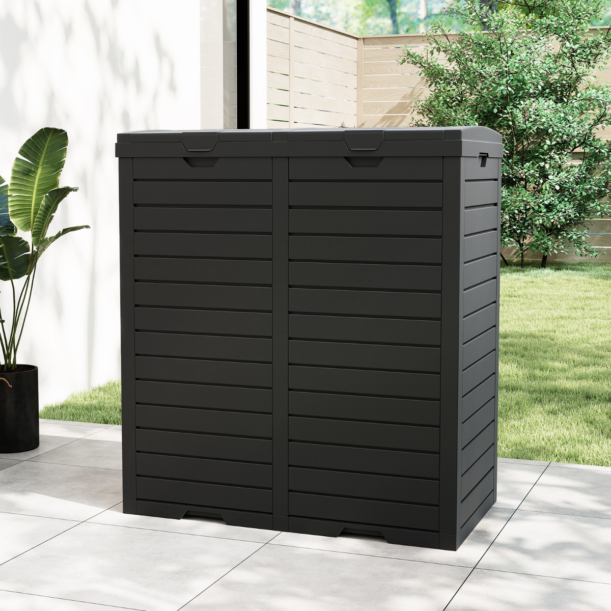 235 L Mülleimer mit Doppeldeckel & Ausziehbarer Auffangschale & Griff Outdoor Mülltonne Schwarz