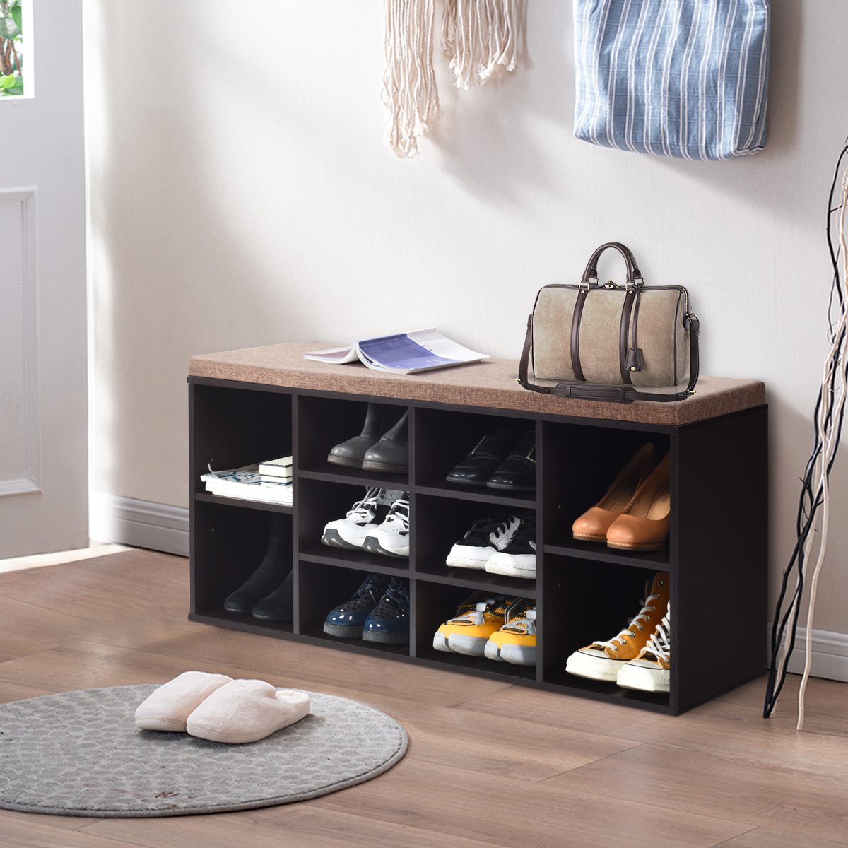 Schuhbank mit Sitzfläche Schuhregal Schuhkommode Schuhablage Schuhschrank Sitzbank mit Regal & Sitzkissen Holz Braun