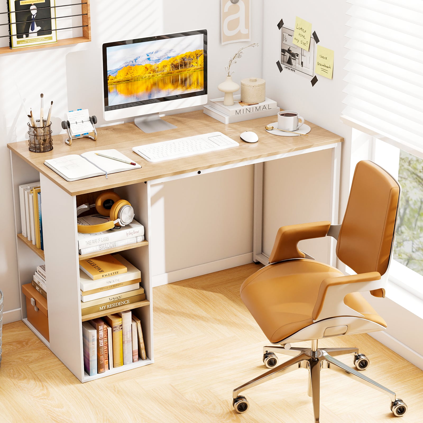 115 cm Computertisch moderner Home-Office-Schreibtisch mit 5 Aufbewahrungsfächern Schreibtisch Natur