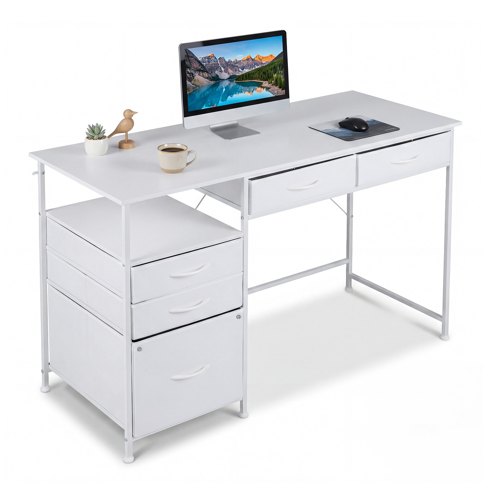 Schreibtisch mit 5 Stoffschubladen Computertisch mit Regal PC Tisch für kleine Räume Weiß