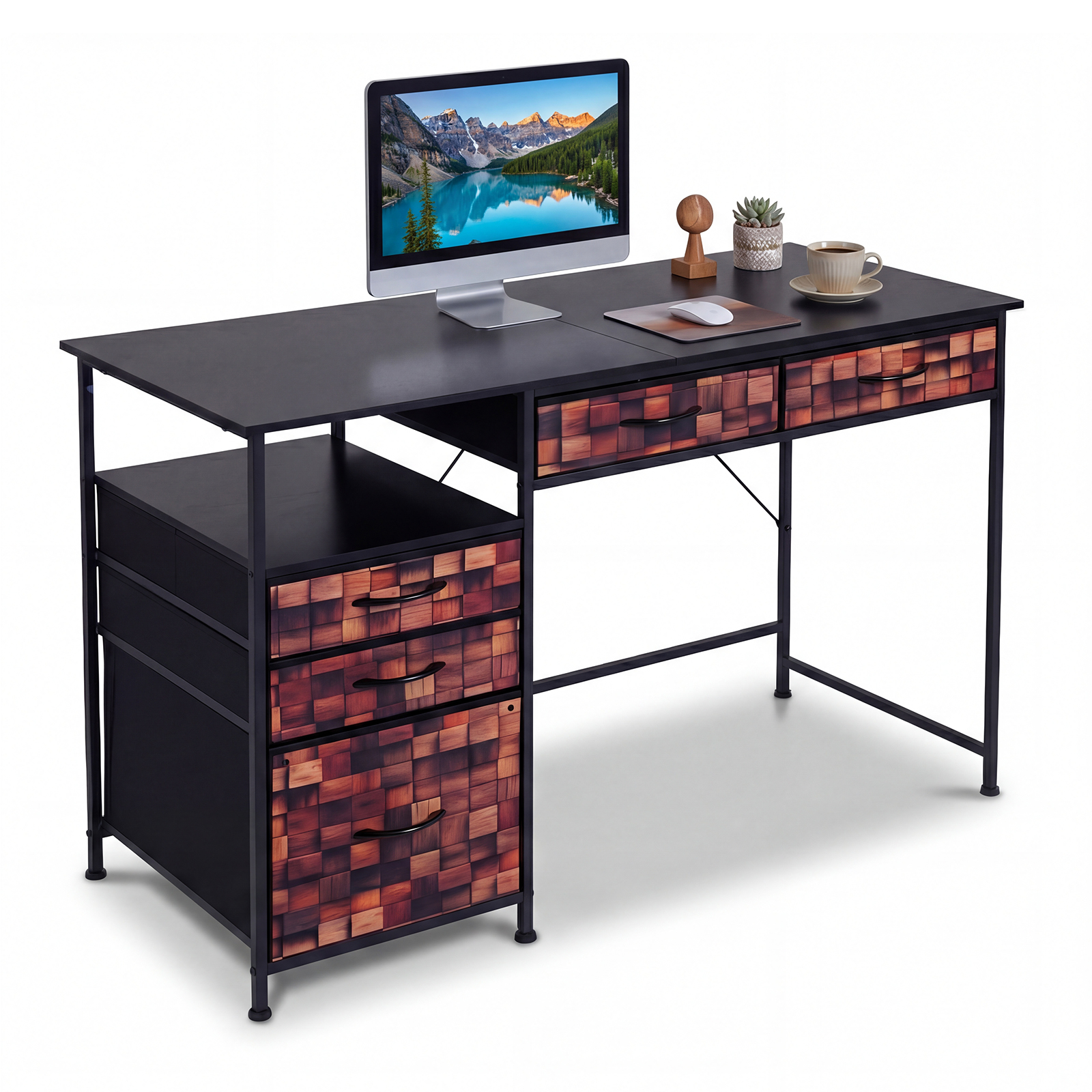 Schreibtisch mit 5 Stoffschubladen Computertisch mit Regal PC Tisch für kleine Räume Braun