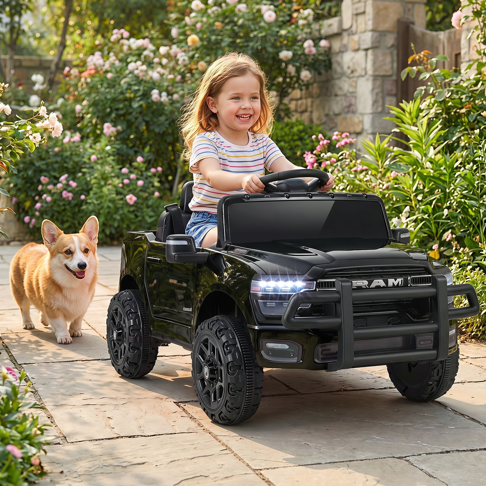 12V Kinder Elektroauto RAM 3500 mit 2 25W Motoren für Kinder ab 3 Jahren 3,1-5 km/h Schwarz