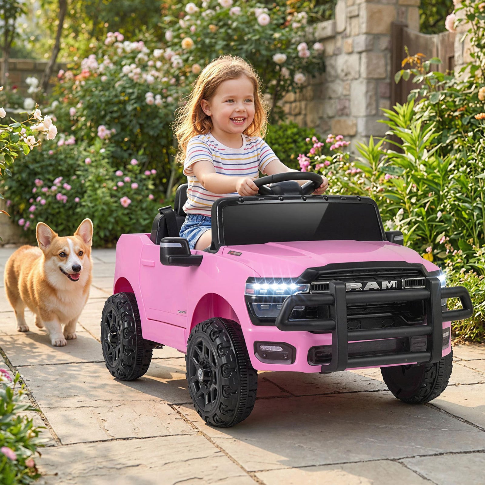 12V Kinder Elektroauto RAM 3500 mit 2 25W Motoren für Kinder ab 3 Jahren 3,1-5 km/h Rosa