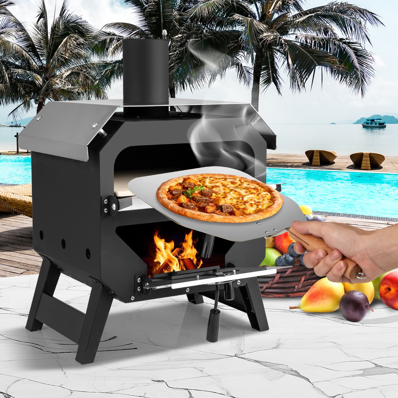 12' Outdoor-Pizzaofen tragbarer Holzofen mit Pizzastein Pizzaschieber & Oxford-Stoffabdeckung Schwarz