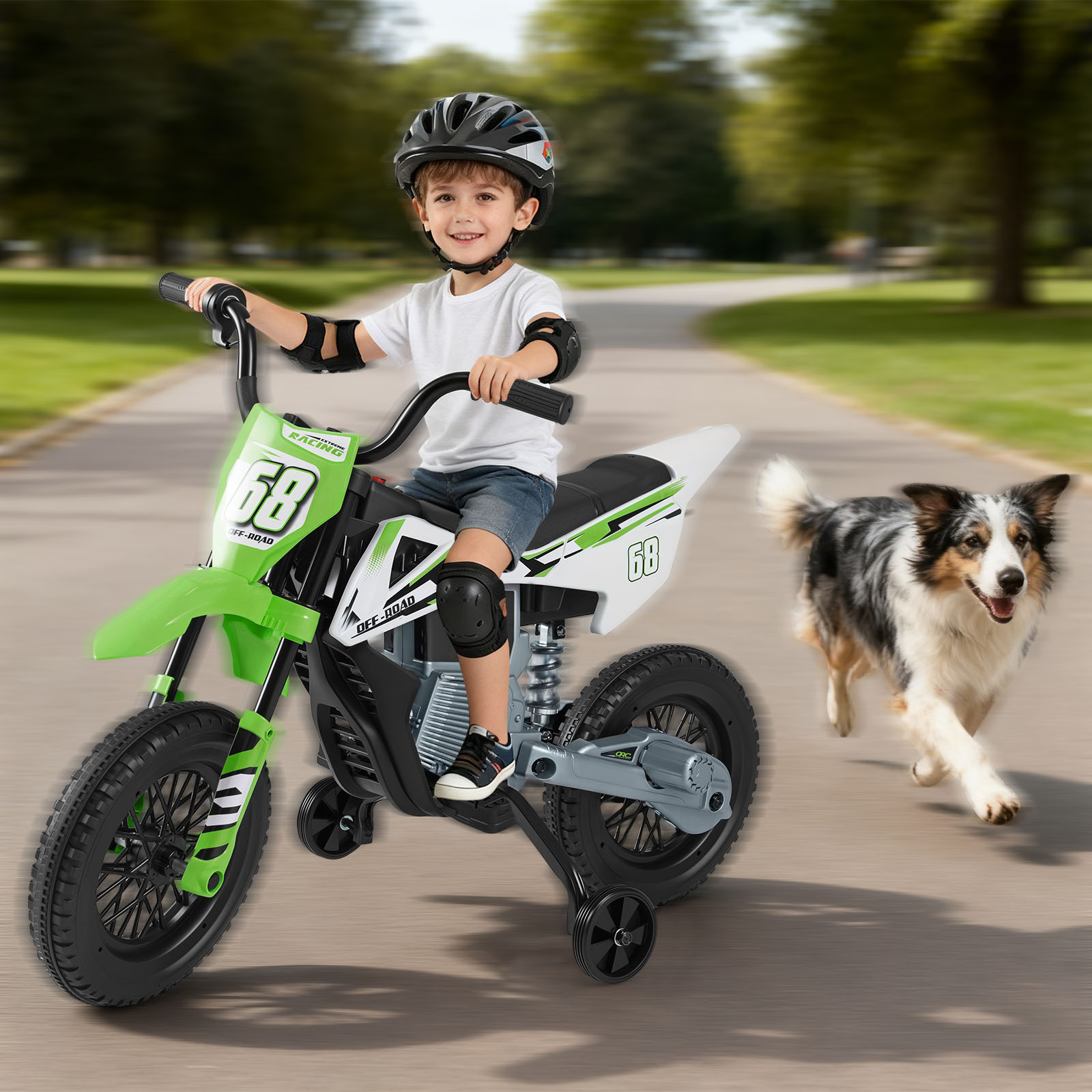 12V Elektro Kindermotorrad Elektromotorrad für Kinder mit abnehmbaren Stützrädern & Federung Elektro Motorrad Grün
