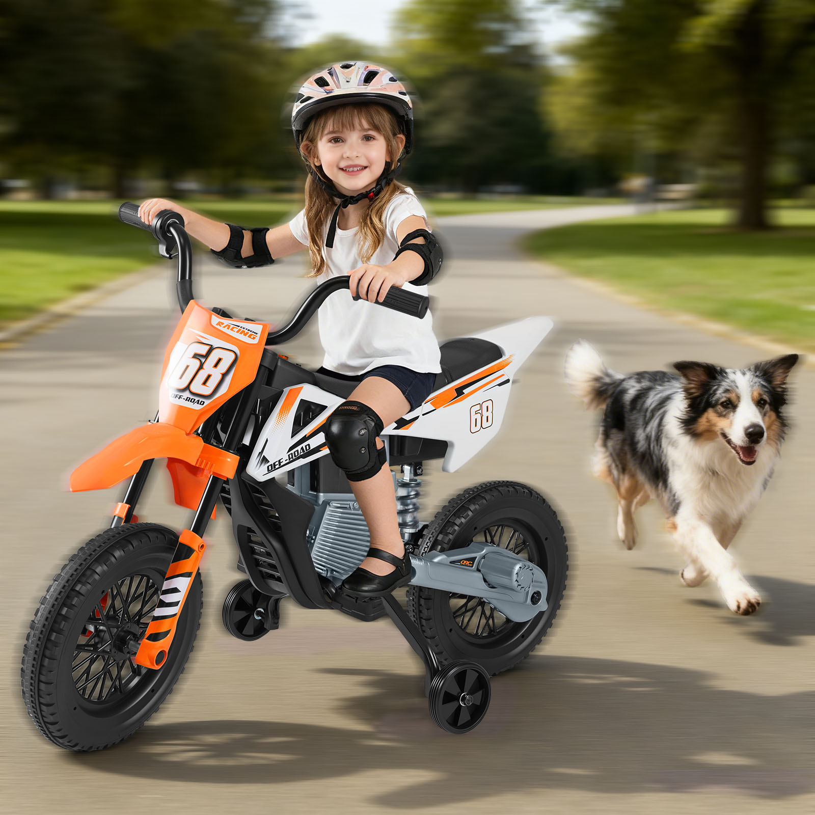 12V Elektro Kindermotorrad Elektromotorrad für Kinder mit abnehmbaren Stützrädern & Federung Elektro Motorrad Orange