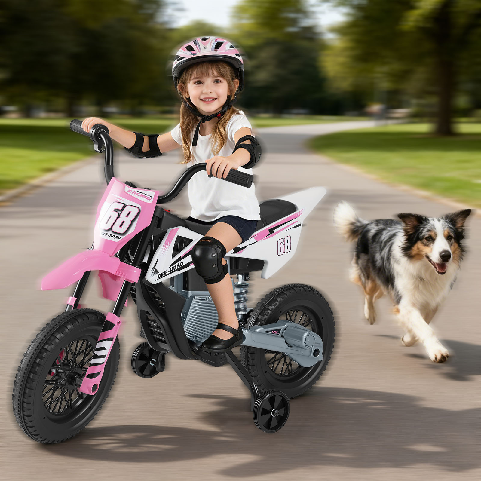 12V Elektro Kindermotorrad Elektromotorrad für Kinder mit abnehmbaren Stützrädern & Federung Elektro Motorrad Rosa