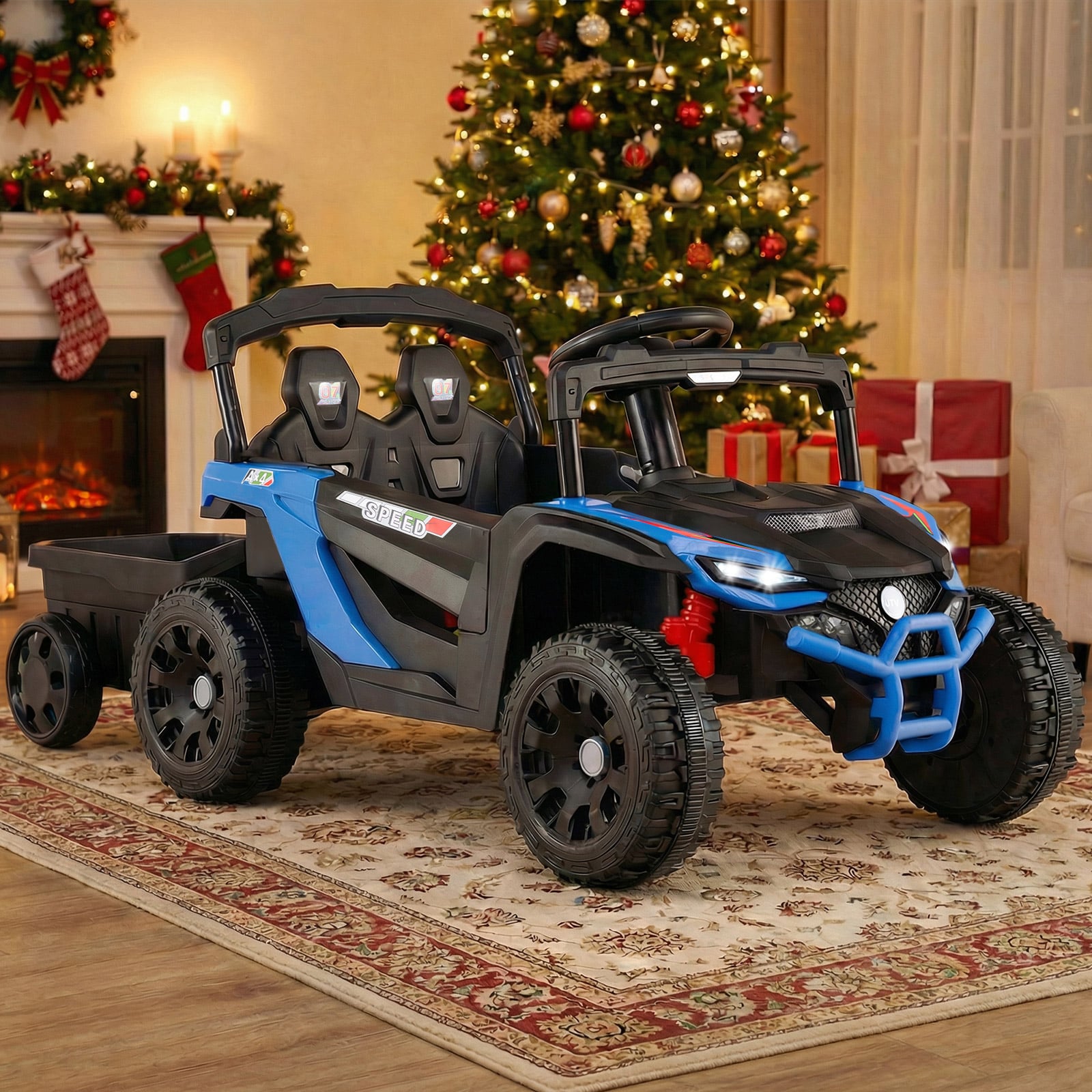 12V Kindertraktor mit Abnehmbarem Anhänger & Eltern-Fernbedienung Elektro-UTV Blau