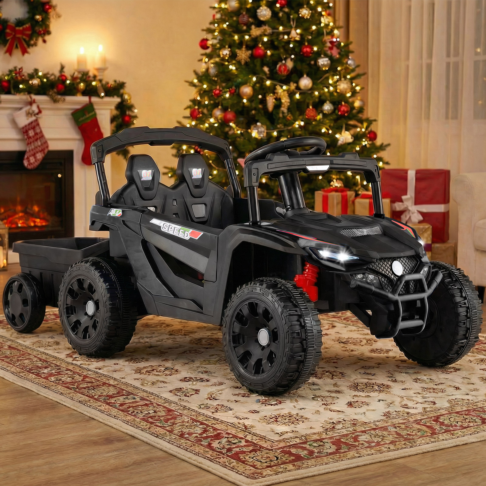 12V Kindertraktor mit Abnehmbarem Anhänger & Eltern-Fernbedienung Elektro-UTV Schwarz