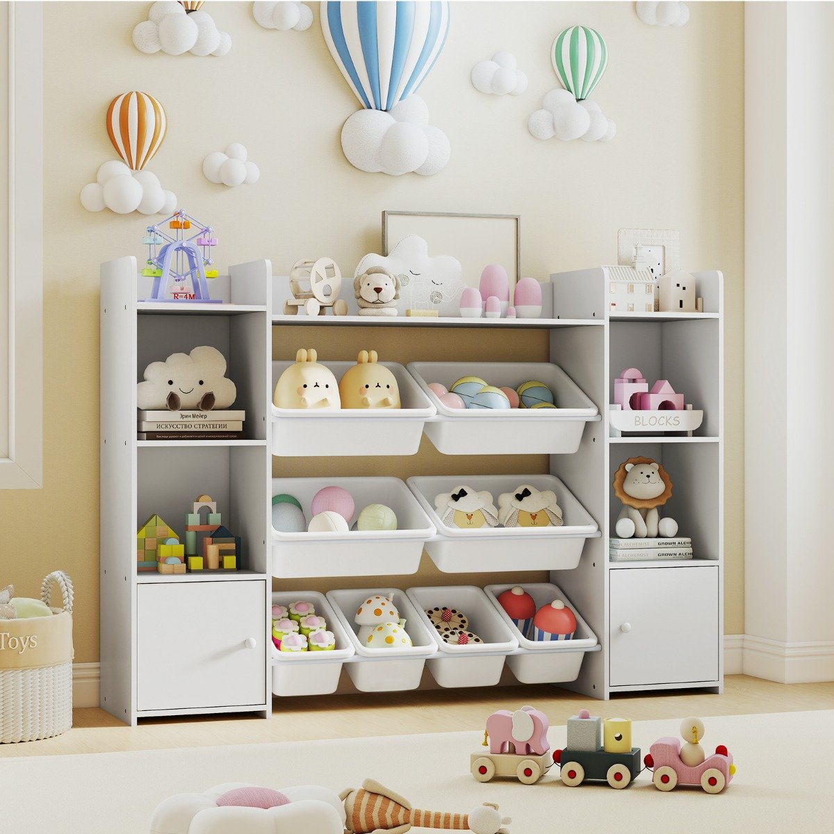 4-stöckiges Kinderregal mit 8 Boxen & 2 Schänken & Regalen Holz Spielzeugschrank Weiß
