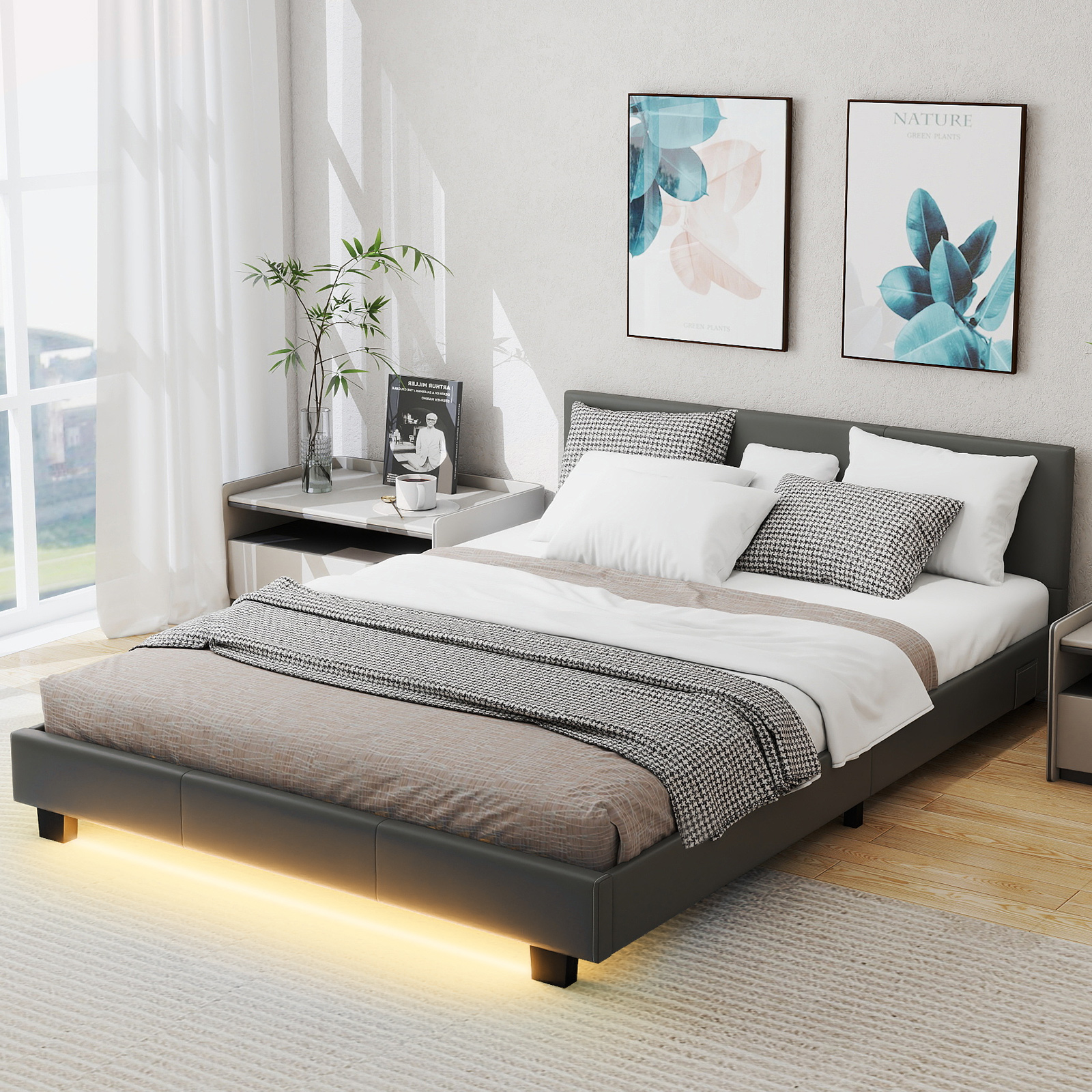 140 x 200 cm Bett mit LED Beleuchtung Polsterbett mit Lattenrost Bettgestell Bettrahmen Grau