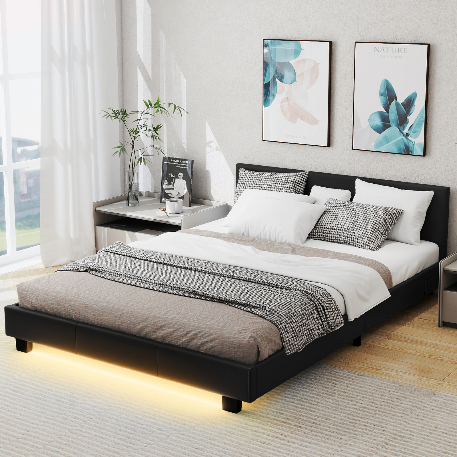 140 x 200 cm Bett mit LED Beleuchtung Polsterbett mit Lattenrost Bettgestell Bettrahmen Schwarz