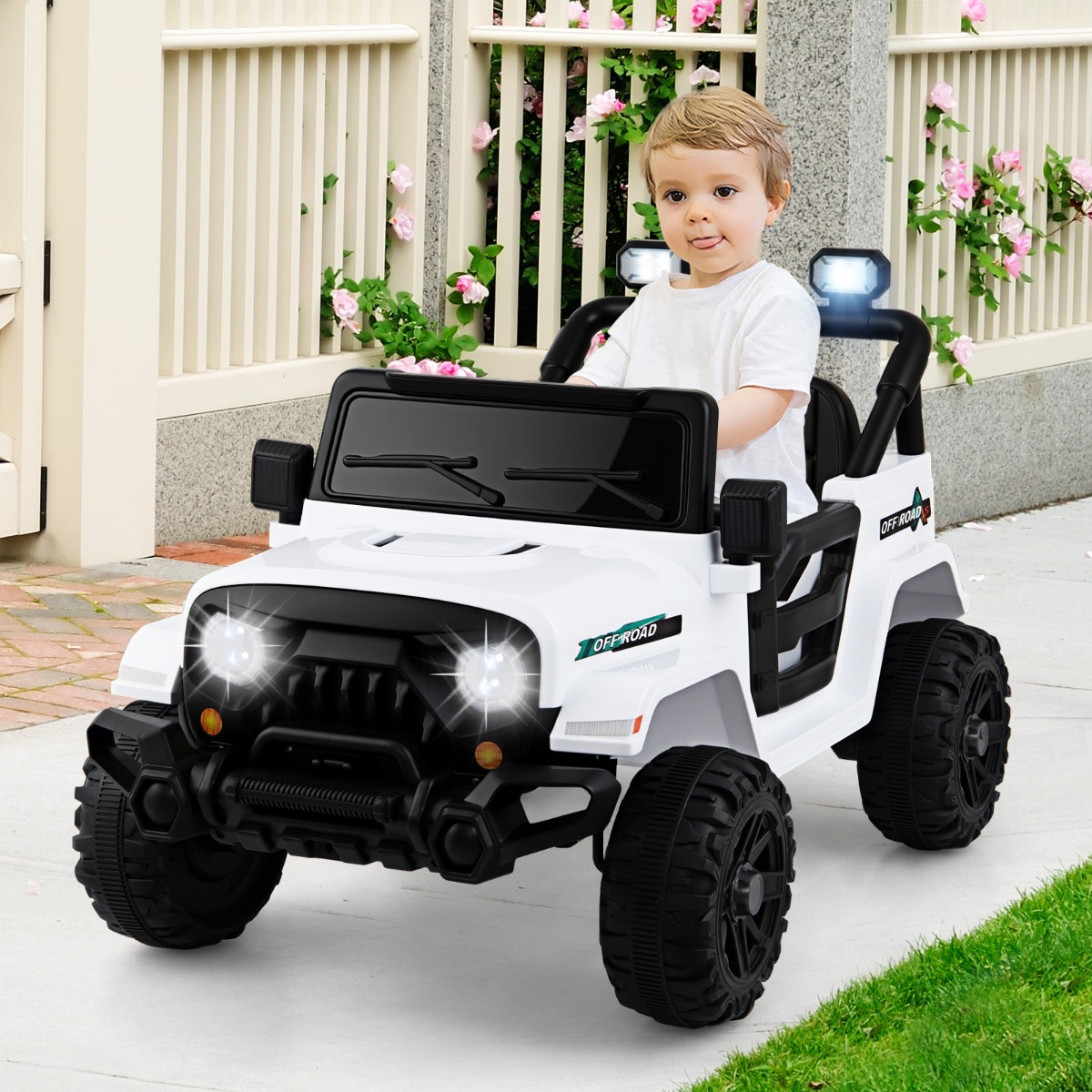 Elektrofahrzeug mit Fernsteuerung & Geländerädern & LED-Leuchten Truck Fahrspielzeug Weiß