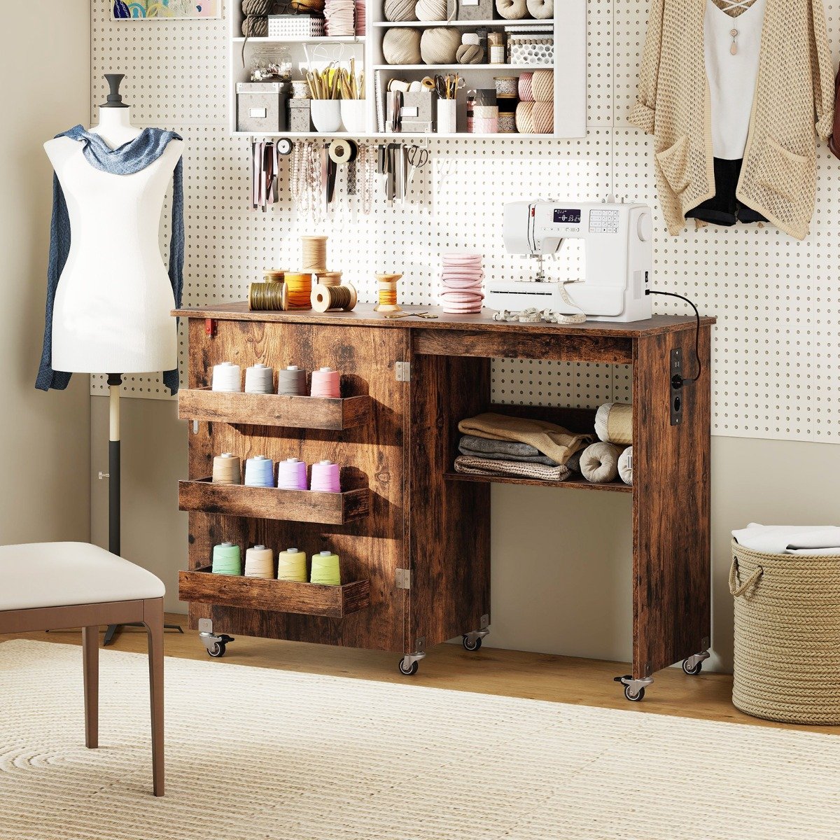 Klappbarer Nähtisch mit Ladestation klappbarer Bastelwagen mit Regal & Schubladen Walnuss