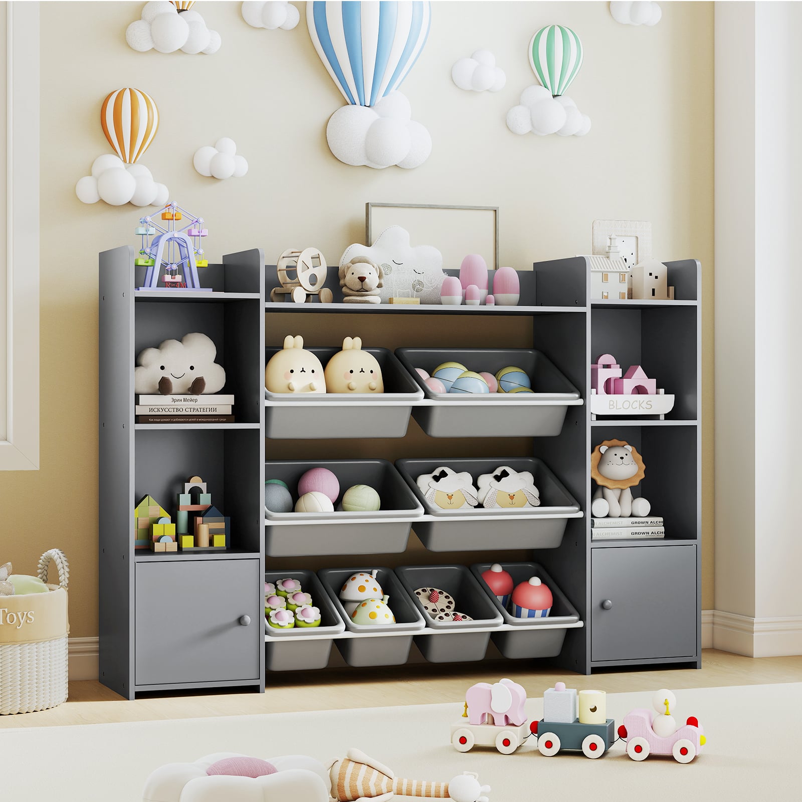 142 cm großer Spielzeugschrank 4-stufiges Kinderregal mit 8 herausnehmbaren Behältern & Bücherregal Grau