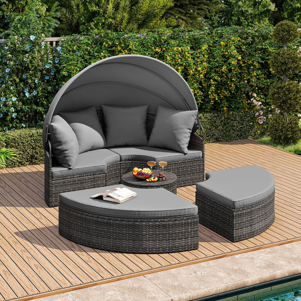 Sonneninsel mit Dach & Tisch & Sitz- und Rückenkissen Rattan Sonnenliege Gartenliege Grau