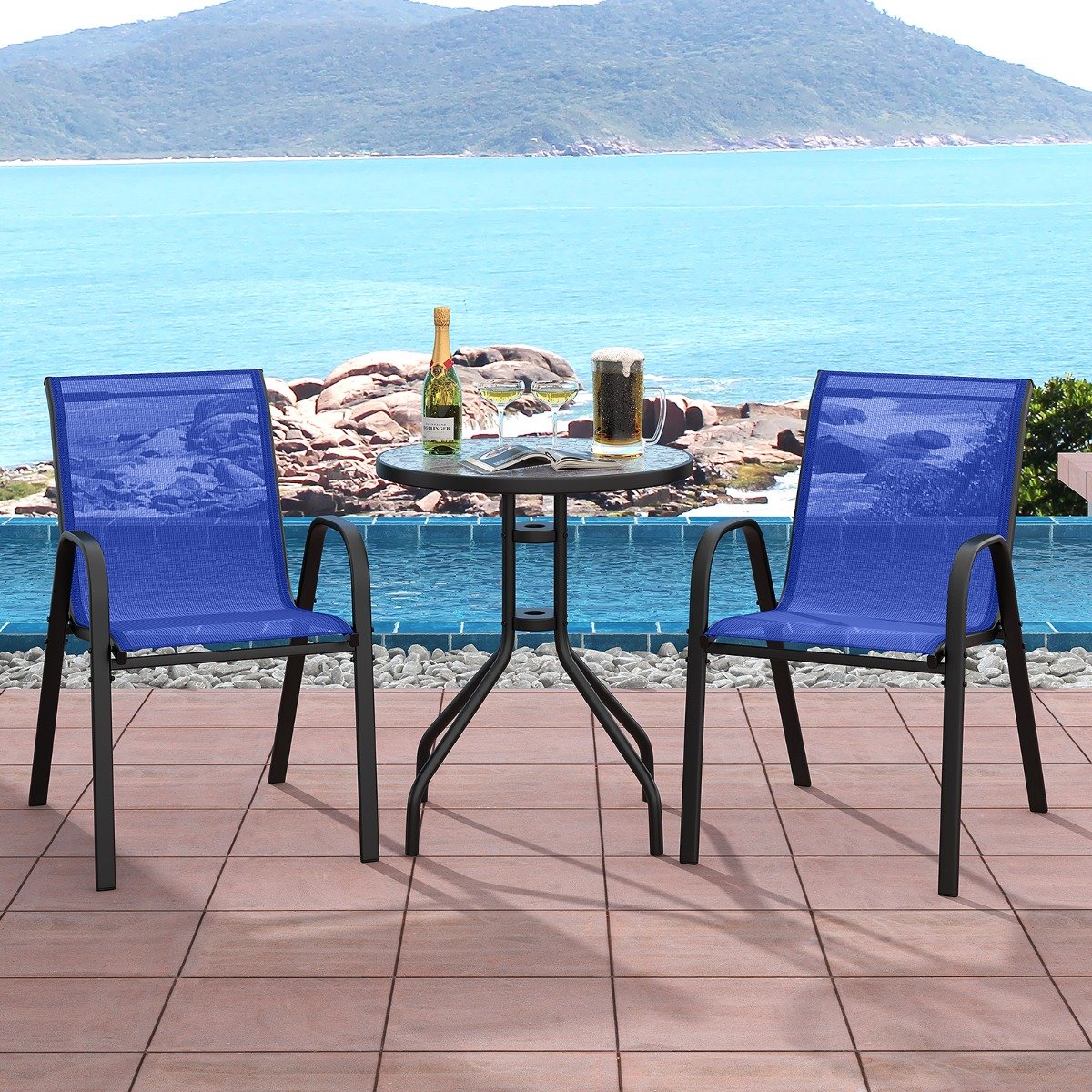 3tlg. Balkonmöbel Set Bistrotisch mit 2 Stapelbare Stühlen Bistroset Balkonset Gartenset Blau