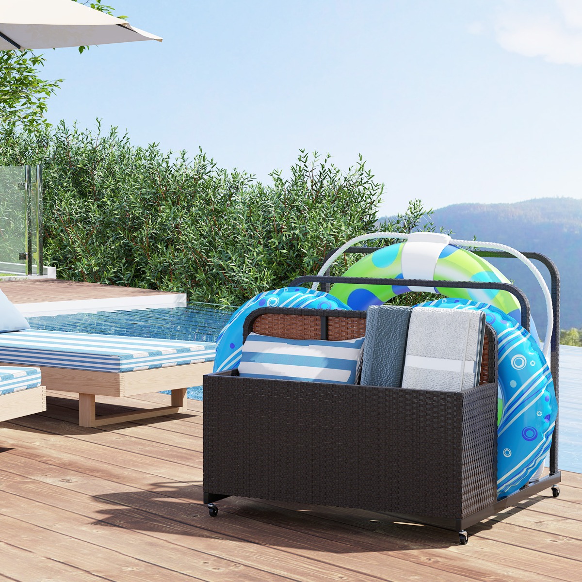 Pool Aufbewahrungskorb mit Rollen PE Rattan Aufbewahrungsbehälter für Schwimmhilfen Braun